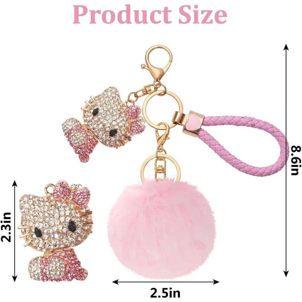 Pink Pom Pom Keychain for Women Girls Kawaii Fluffy Bag Charm Decor